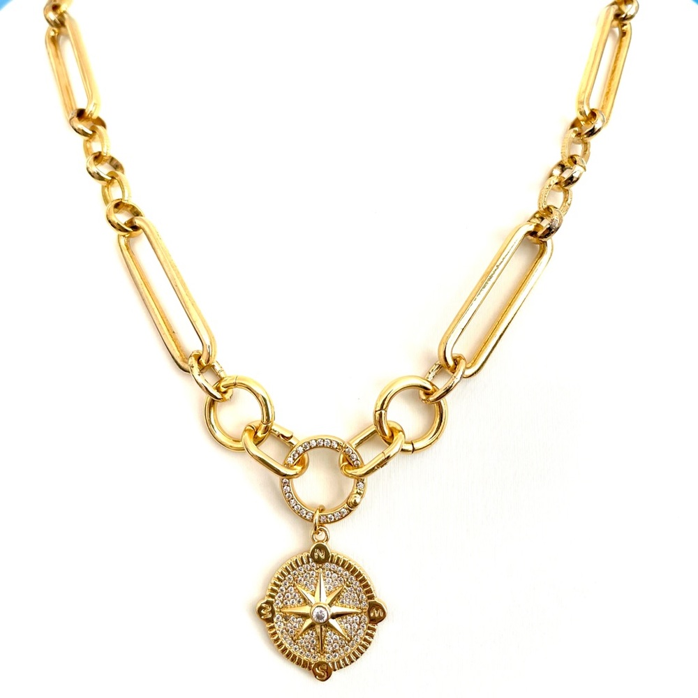 Gold Extended Paperclip Chain Necklace Charm Holder North Star Compass Medallion